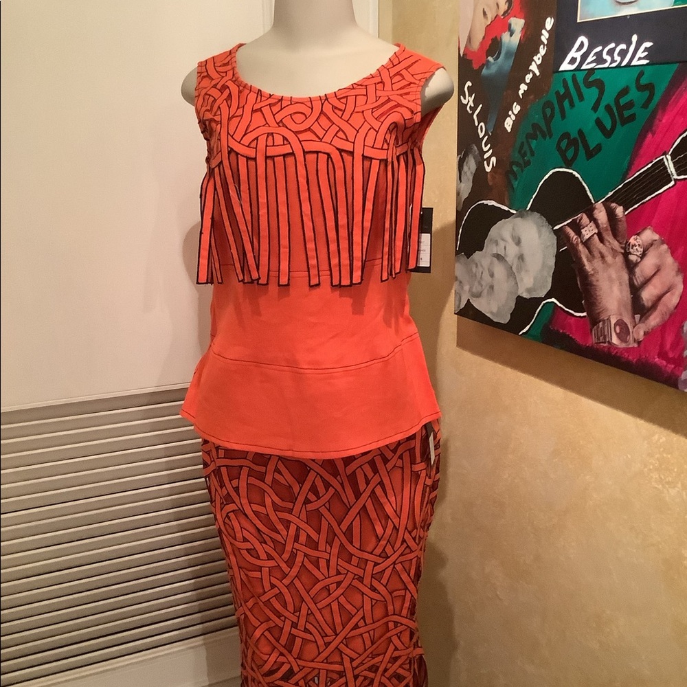 Women’s Orange Fringe Peplum Skirt Set